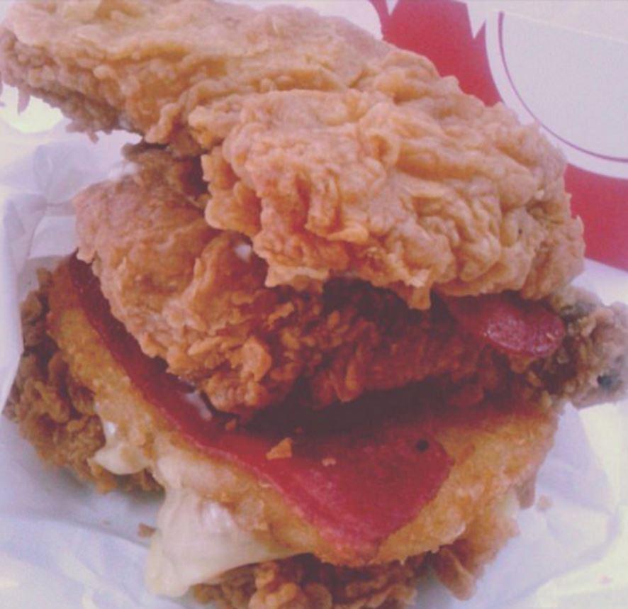  A KFC fan ordered the Triple Down, which meant replacing the bun on a chicken, bacon and cheese sandwich with two more pieces of chicken