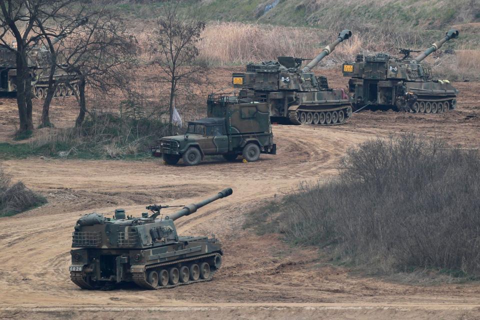  Meanwhile South Korean Army's K-9 and K-55 self-propelled howitzers are on standby in the border city of Paju, north of Seoul, South Korea, waiting to go into action