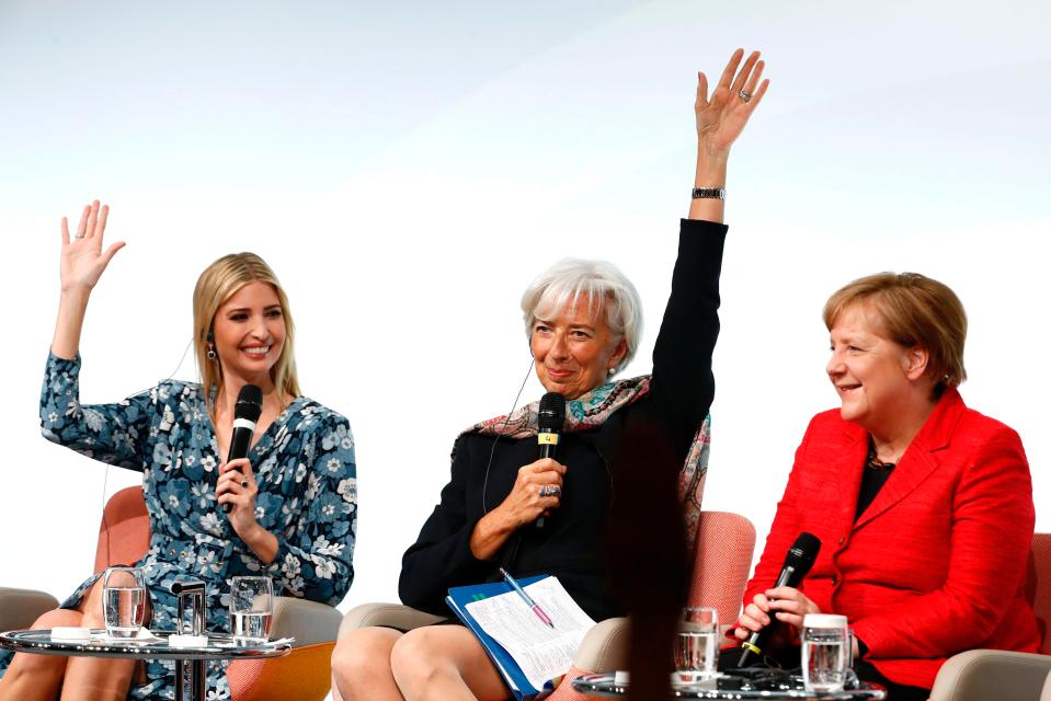  Ivanka Trump (left) was taking part in the Women's 20 Summit panel with German chancellor, Angela Merkel (right), and IMF chief Christine Lagarde (centre)