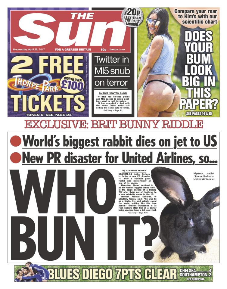  Rabbit tale: The Sun's front page