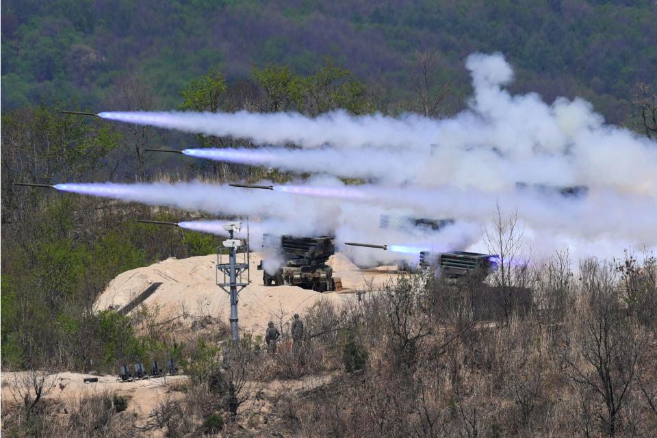  A South Korean K-136 Kooryong 130mm 36-round multiple rocket launch system launches a devastating barrage of missiles