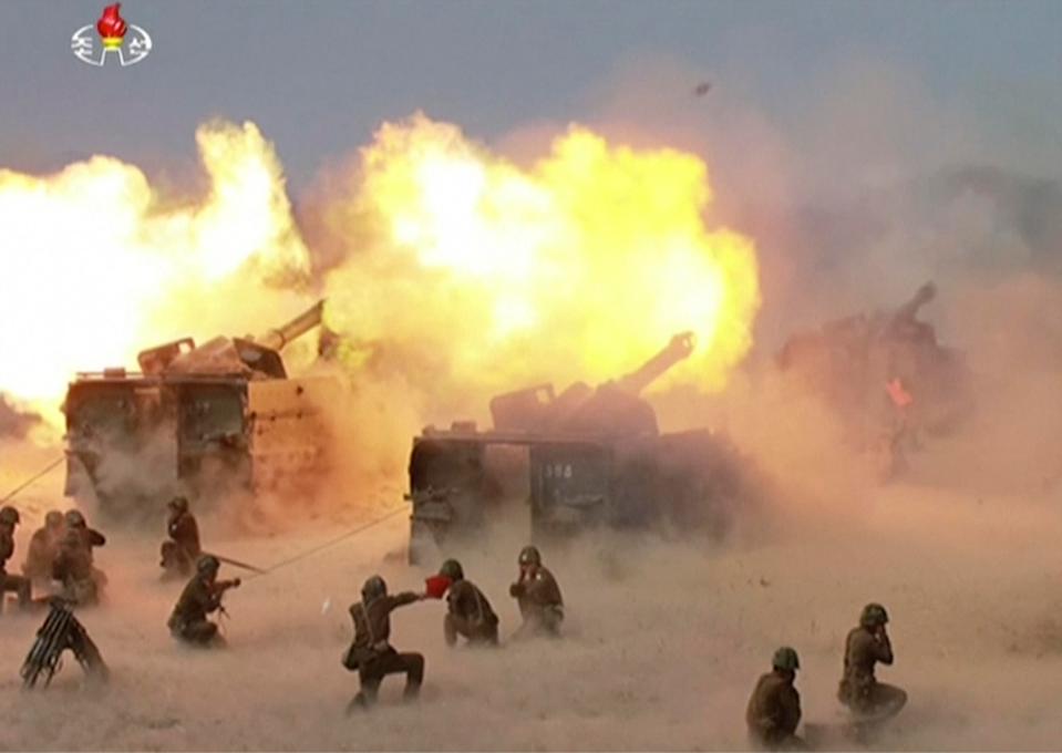  This image shows what was said to be a 'combined fire demonstration' held to celebrate the 85th anniversary of the North Korean army, in Wonsan, North Korea