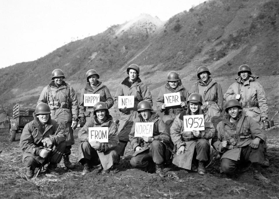  Missouri infantrymen with the 19th Inf. Regt. along the Kumsong front wish Happy New Year to the stateside folks in 1951