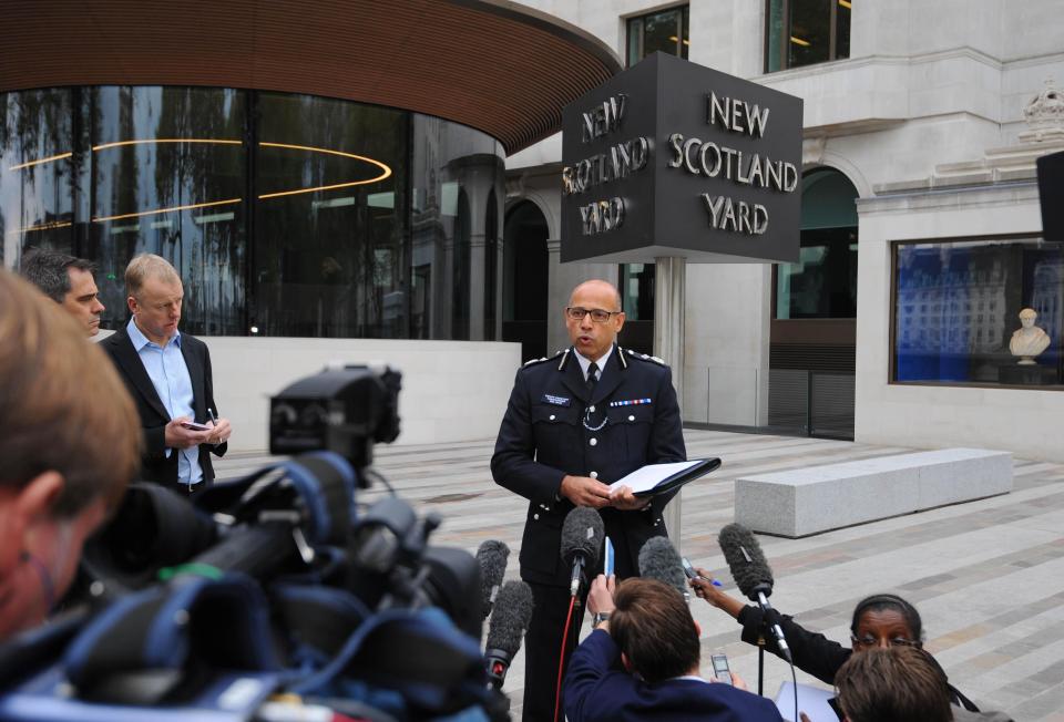  Metropolitan Police Deputy Assistant Commissioner Neil Basu speaks to the media outside New Scotland Yard after the raid