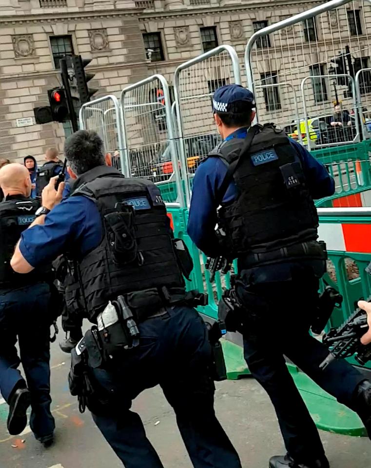  This is the moment dozens of police flooded Parliament Square yesterday to wrestle a suspect to the ground