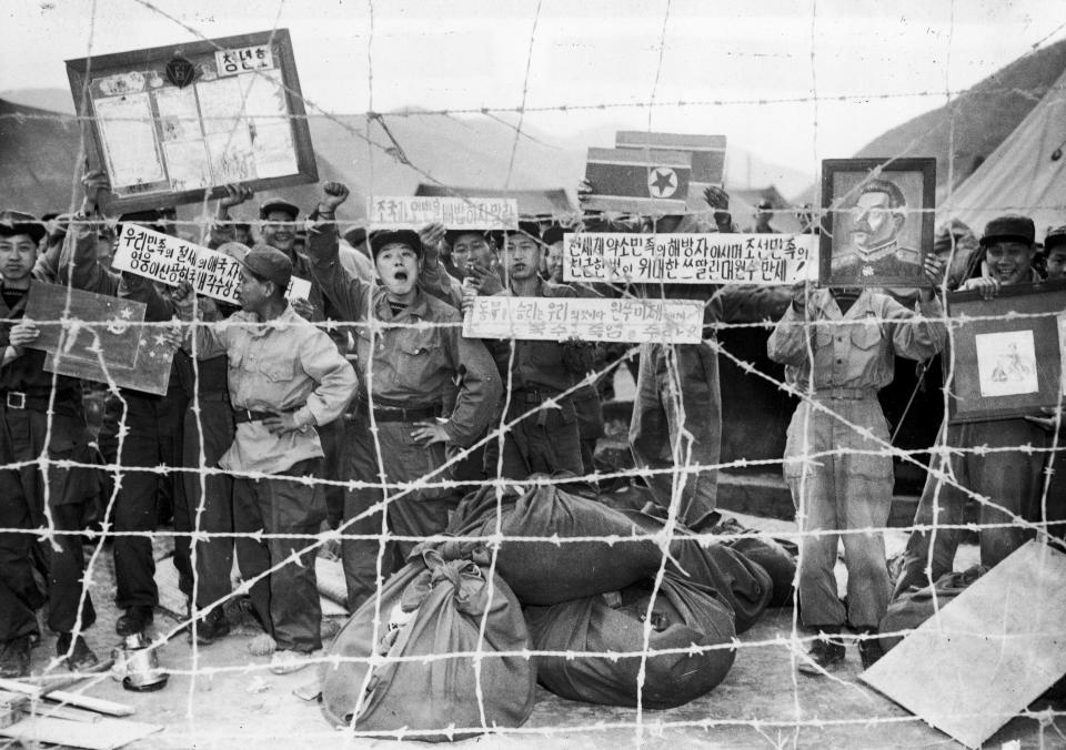  POWs in compound 76 on Koje Island (Geoje Island or Geojedo), during the Korean War,  May 28 1952