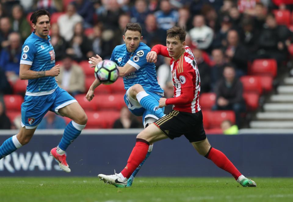  Marc Pugh sees his shot blocked by Sunderland defender Donald Love