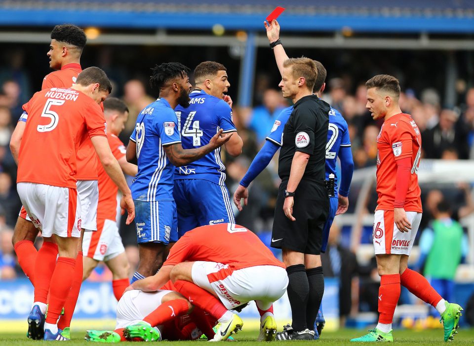  Birmingham star Che Adams is shown the red but his side still went in front before the interval