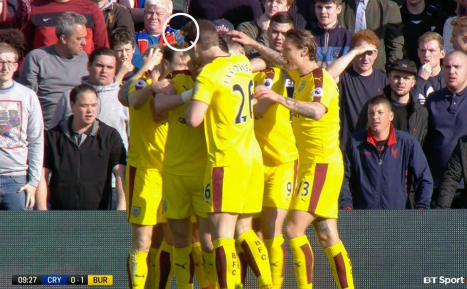  The Burnley fans celebrated their seventh-minute opener in front of the Crystal Palace fans when a lighter was thrown