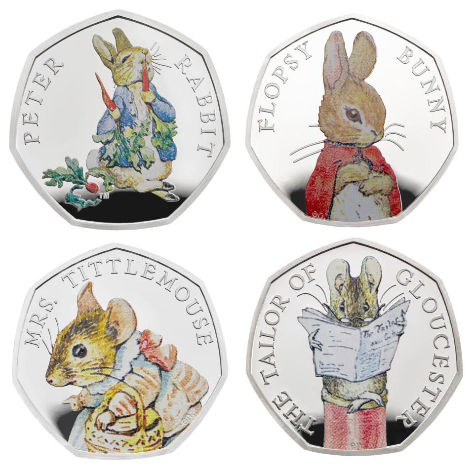  Four of her best-loved characters, Peter Rabbit, Flopsy Bunny, Mrs Tittlemouse and a helpful mouse from The Tailor of Gloucester all feature on the new coins