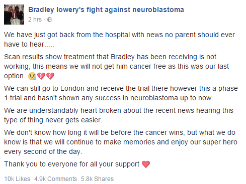 The family posted this heartbreaking update on Facebook earlier today