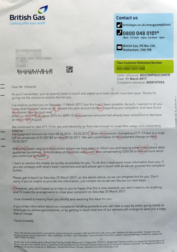  All the errors in the letter were circled in red as the nan slammed the correspondence as 'gobbledygook'