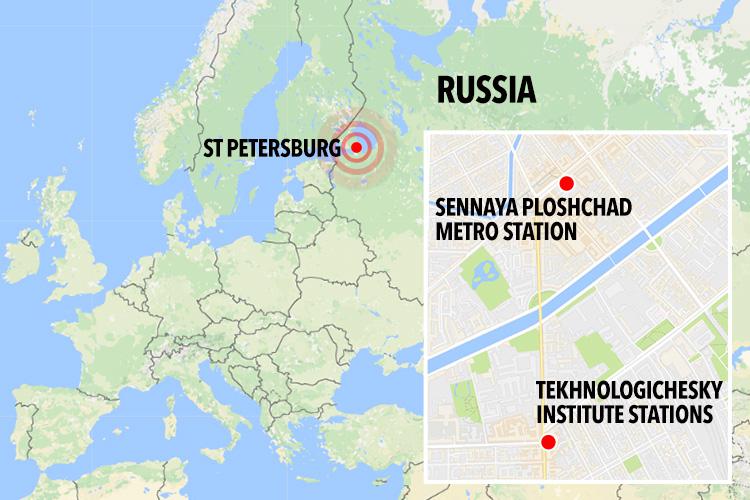  Map showing where the explosions were in the Russian city of St Petersburg