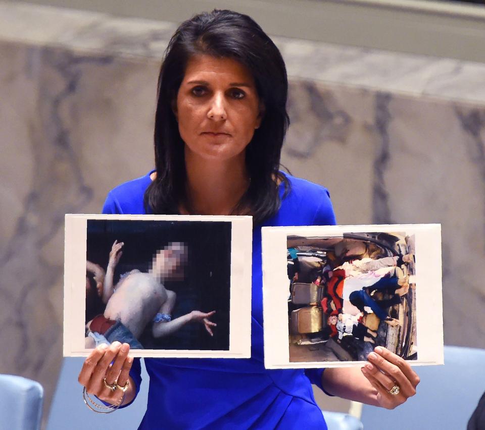  US ambassador Nikki Haley threatened military action against the Syrian regime during a UN hearing and held up pictures of babies killed in the gas attack