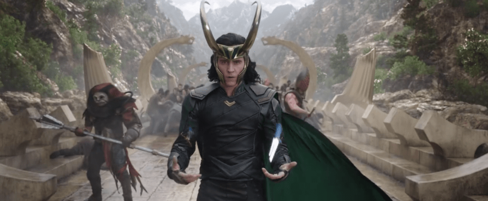  Loki (Tom Hiddleston) prepares for battle with his signature helmet