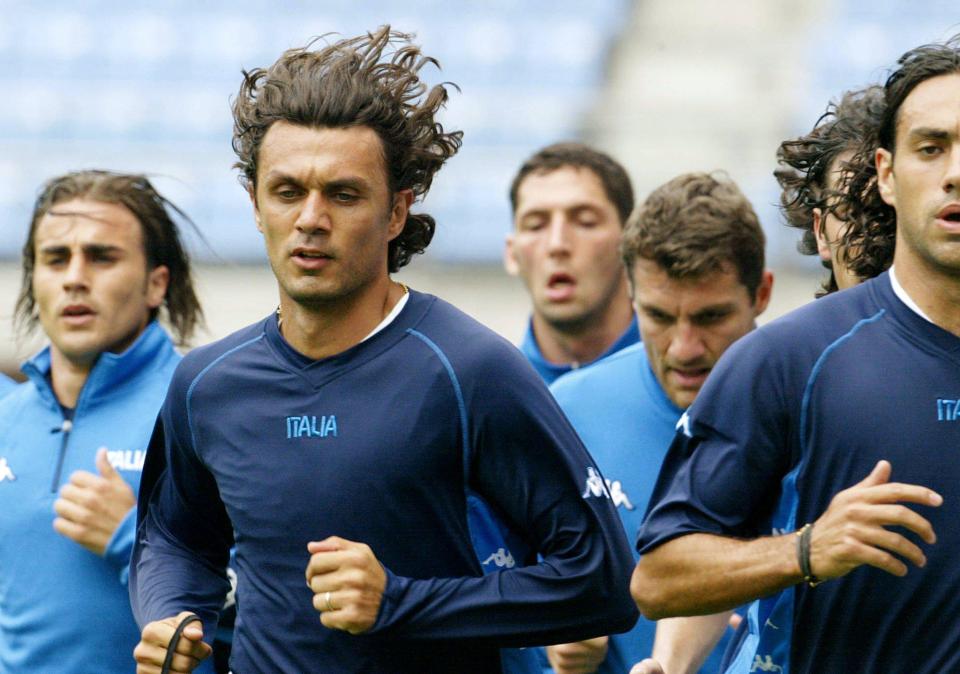 Fabio Cannavaro, Paolo Maldini and Alessandro Nesta in Italy training