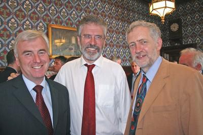  John McDonnell and Jeremy Corbyn pose with Gerry Adams