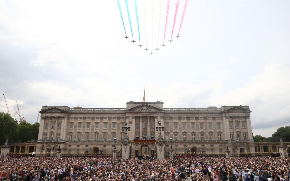  The day includes an impressive aerial fly-past display by the Royal Air Force by Buckingham Palace