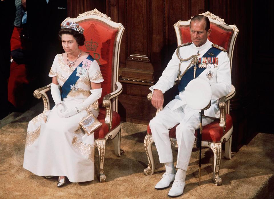  In full regalia at the State Opening of Parliament in Wellington, New Zealand, during their 1977 Silver Jubilee tour