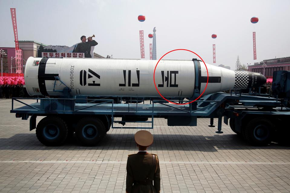  A submarine missile is paraded across the Kim Il Sung Square during a military parade last month