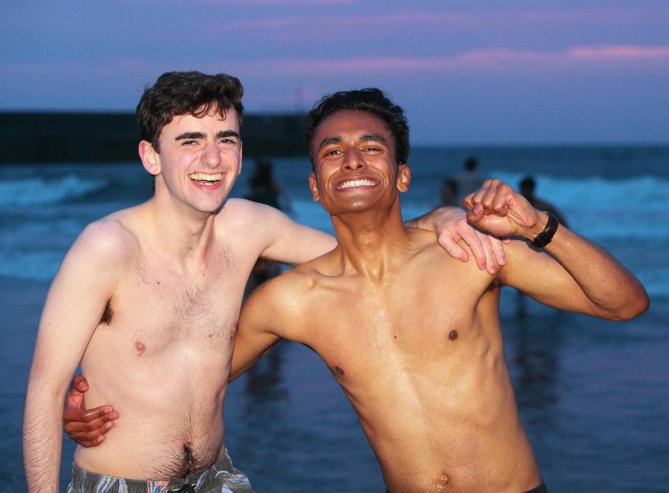  Another pair of students look pretty cold as they take part in the mass skinny dip