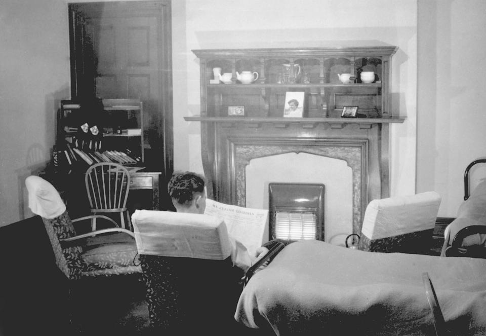  Student accommodation was also transformed in the 1950s. Pictured is a bedroom at the University of Bristol with a modern gas fire with a heavy wooden fire surround