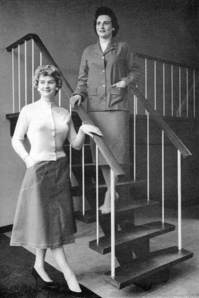  Pictured in 1958, two models from Johnsons of Great Yarmouth stand on a very modern, open-plan staircase advertising sailcloth skirts