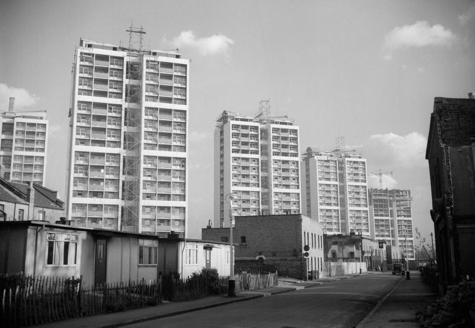  High-rise flats also sprung up across the UK in the 1950s. Pictured are tower blocks on Brandon Estate in Southwark in 1959