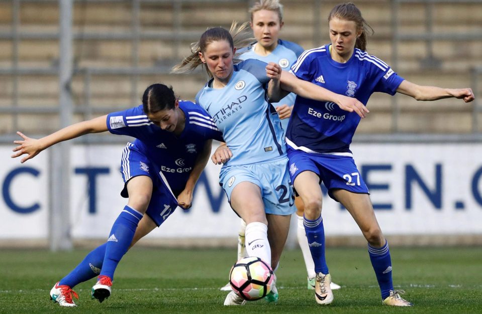  Birmingham City's Abbey-Leigh Stringer and Ellie Brazil battle Manchester City's Abbie McManus during last week's FA Women's Super League 1-1 draw