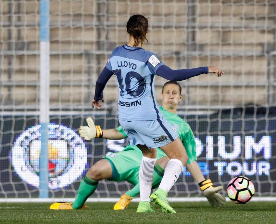  Manchester City's Carli Lloyd shoots straight at Birmingham's Ann-Katrin Berge