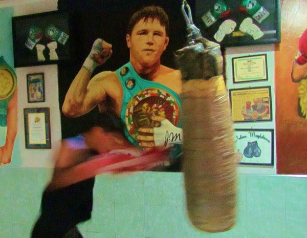  A young fighter trains under a photo of Saul Alvarez and his framed gloves at the gym in Guadalajara, Mexico