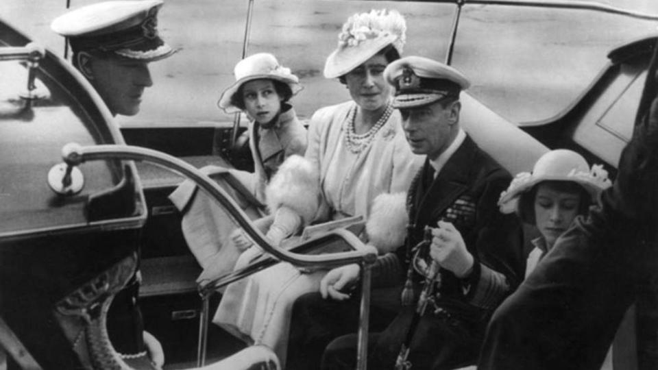  Philip escorts a royal tour around the Royal Naval College at Dartmouth, Devon, in 1940. From left, a young Philip, Princess Margaret, Queen Elizabeth, King George VI and Princess Elizabeth