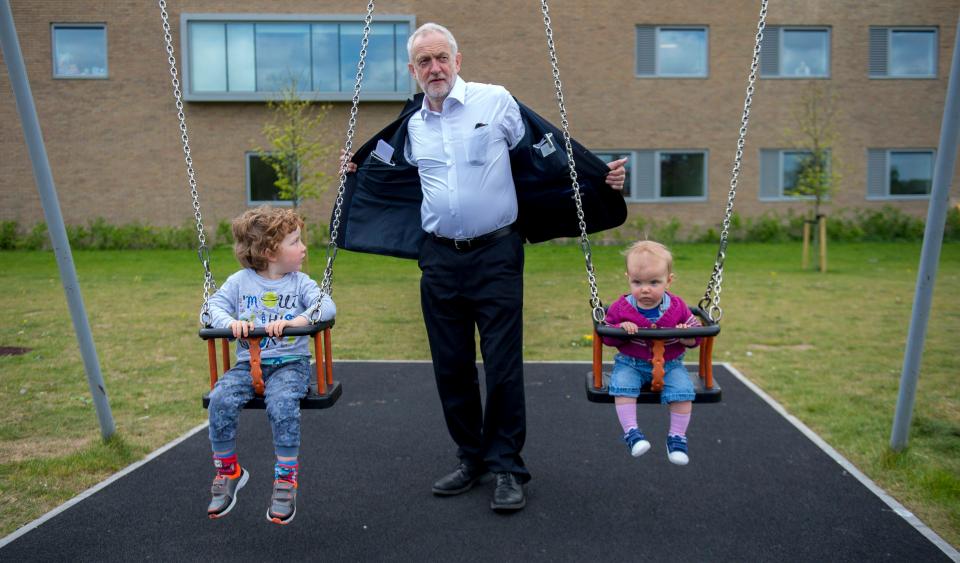  Corbyn on the campaign trail in Oxford East with the children of the local candidate Anneliese Dodds. Kids Freddie and Isabella didn't too happy about it