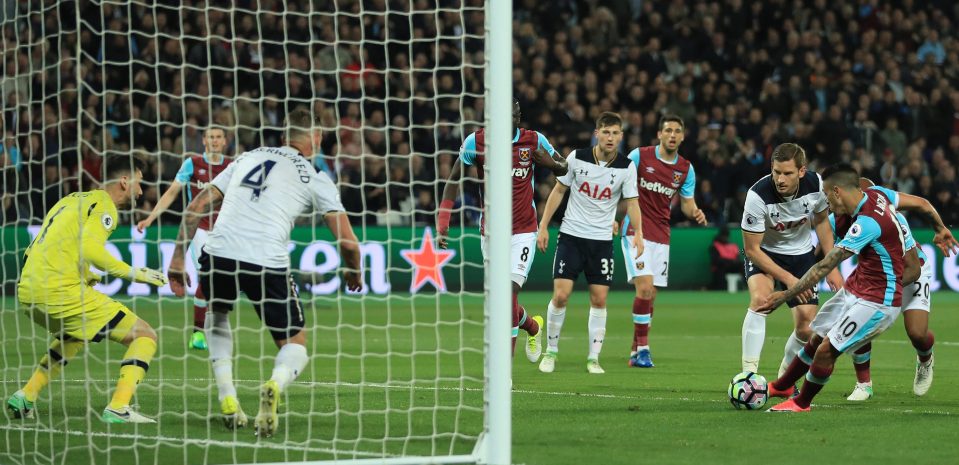  Manuel Lanzini fires the West Ham goal that looks to have killed Tottenham's title hopes