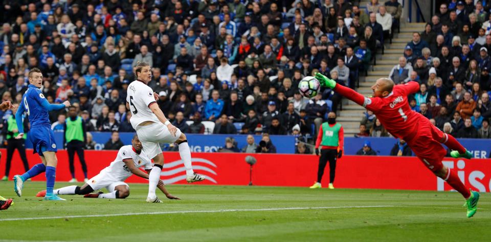  Heurelho Gomes saves from Leicester City's Jamie Vardy