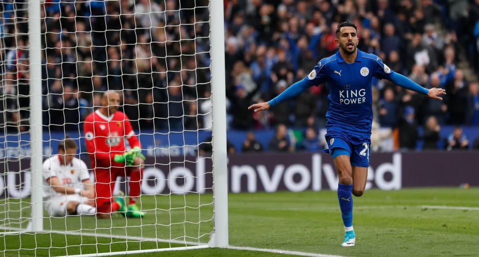  Riyad Mahrez celebrates scoring Leicester City's second goal