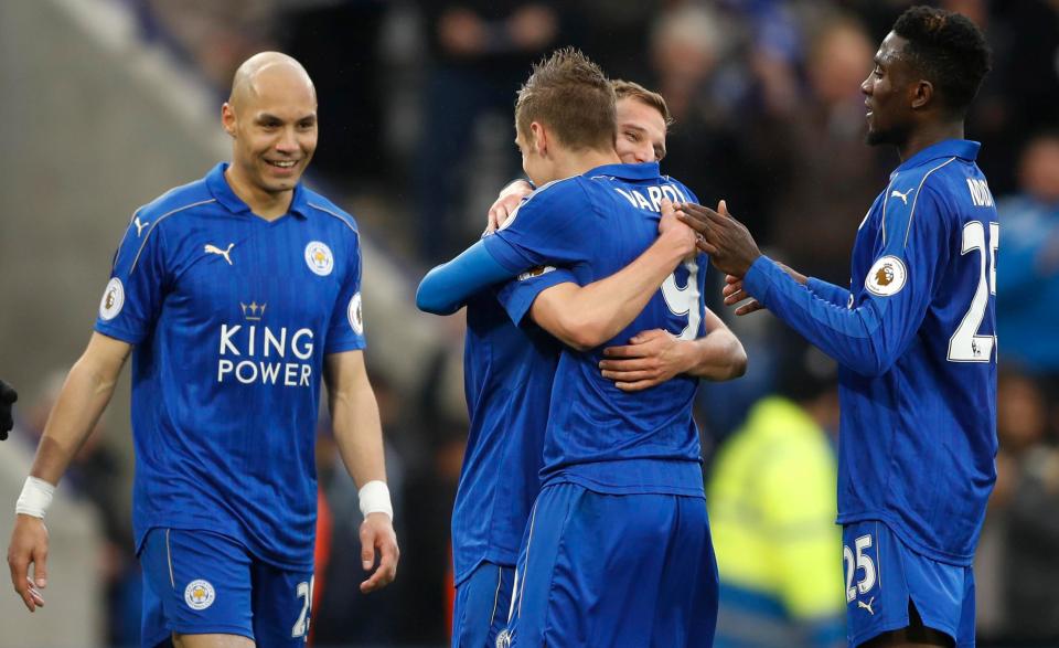  Marc Albrighton celebrates scoring their third goal with Jamie Vardy