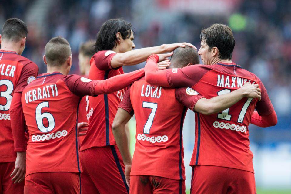  PSG's Marco Verratti, Edinson Cavani, Lucas and Maxwell celebrate after scoring against Bastia