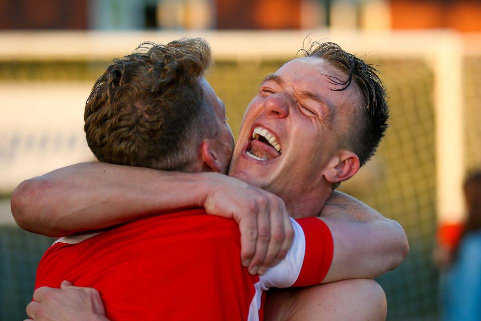  Anthony McMahon cannot contain his excitement after reaching the League One play-off final