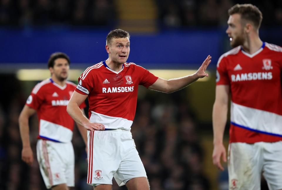  Middlesbrough's Ben Gibson tries to get his players going, but it was a thankless task