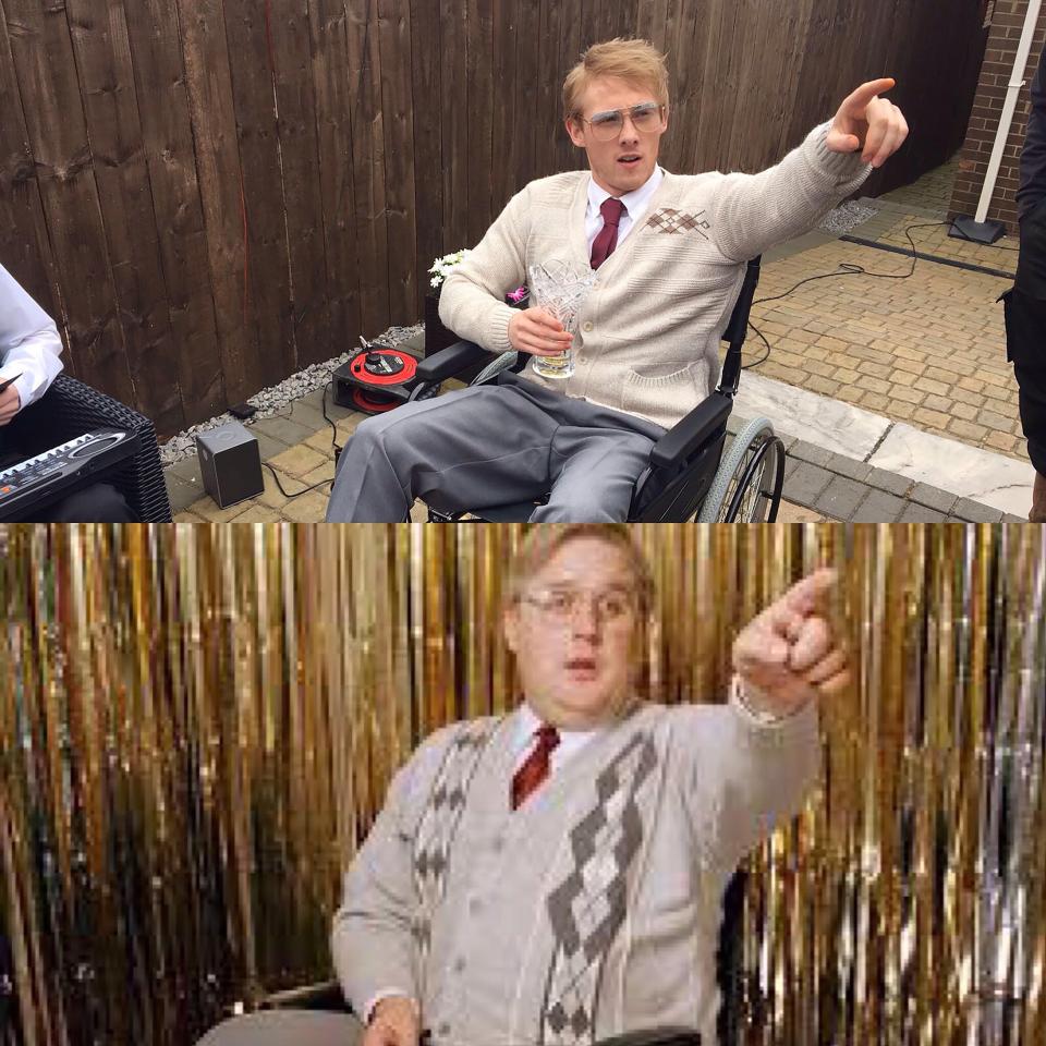  Callum Evans had to sit in a wheelchair all night as club owner Brian Potter, played in the show by Peter Kay