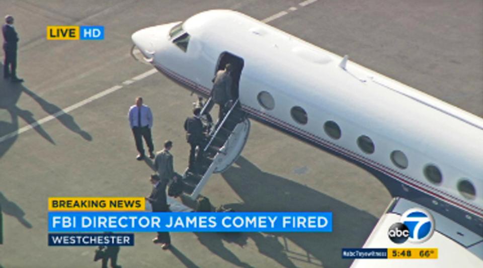  Comey boards a jet to take him from Los Angeles, where he learned he had been sacked by President Trump