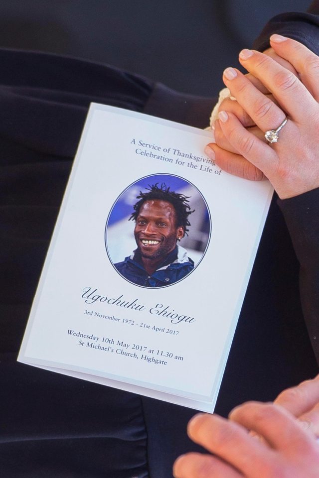  An order of service is held by an attendee of Ugo Ehiogu's funeral today at St Michael's in north London, which described the funeral as "A Service of Thanksgiving"