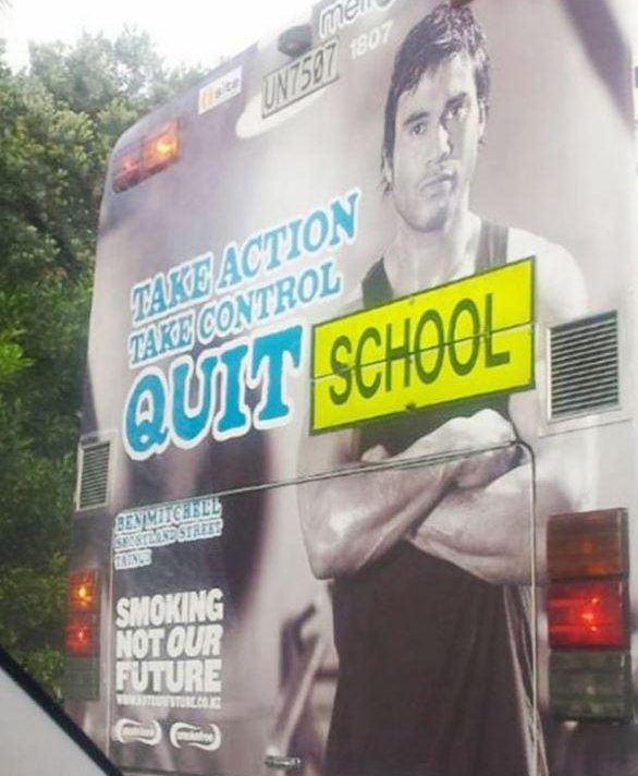 The unfortunate design of this bus told school kids to QUIT their education