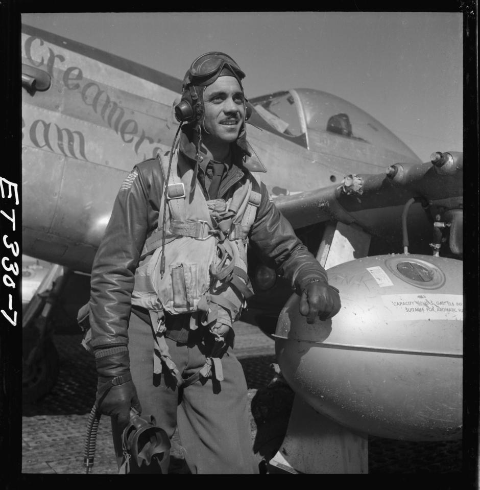  Edward C. Gleed, Tuskegee airman, wearing flight gear at an air base at Ramitelli, Italy, 1945