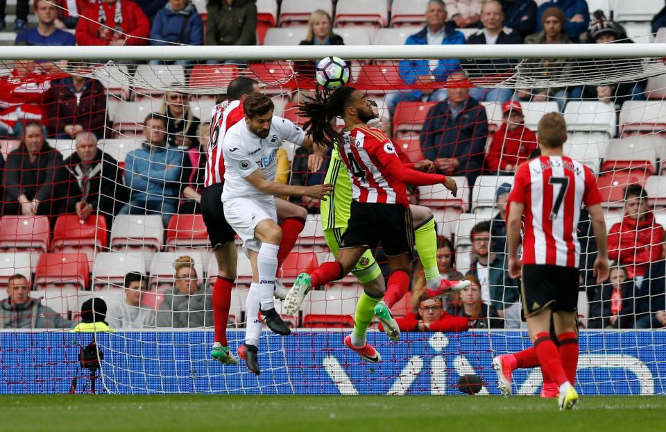  Sunderland keeper Jordan Pickford gets nowhere near the ball allowing Swansea top open the scoring