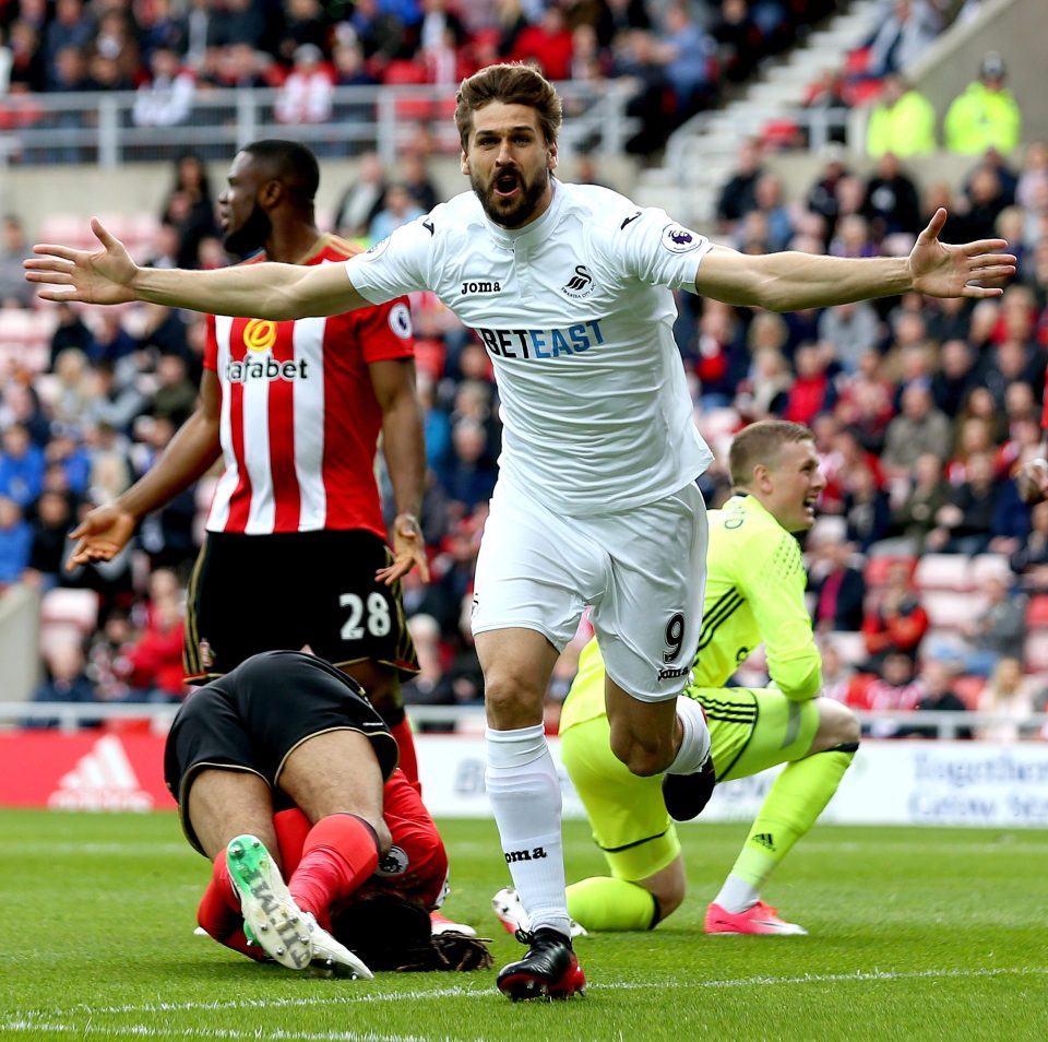  The 32-year-old celebrates after he scored against Sunderland last week as the Swans ran out 2-0 winners at the Stadium of Light