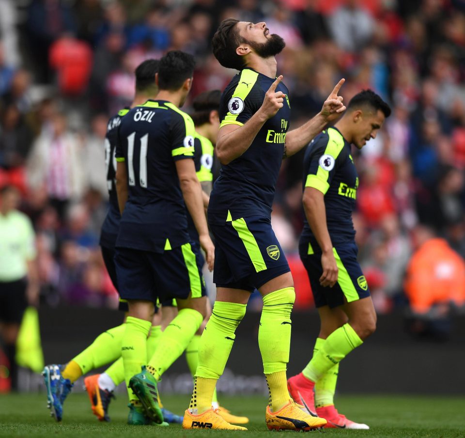  The Frenchman looks to the heavens after he finished off a flowing Arsenal move