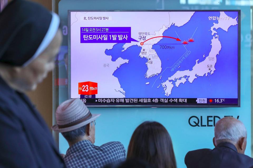  A South Korean TV graphic shows the flight path and landing location of the ballistic missile