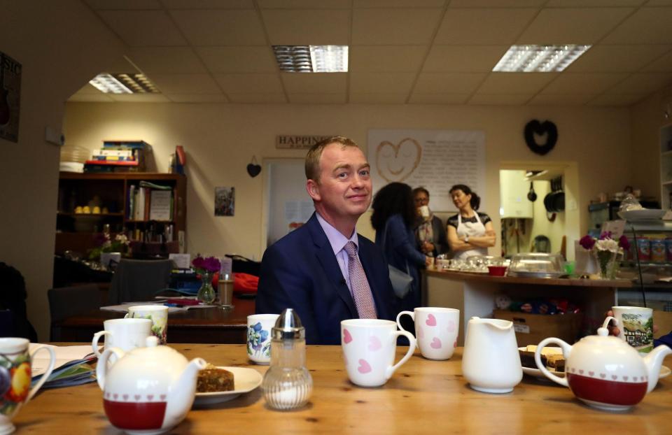  Tim Farron has a cup of tea with no disposable cups in sight